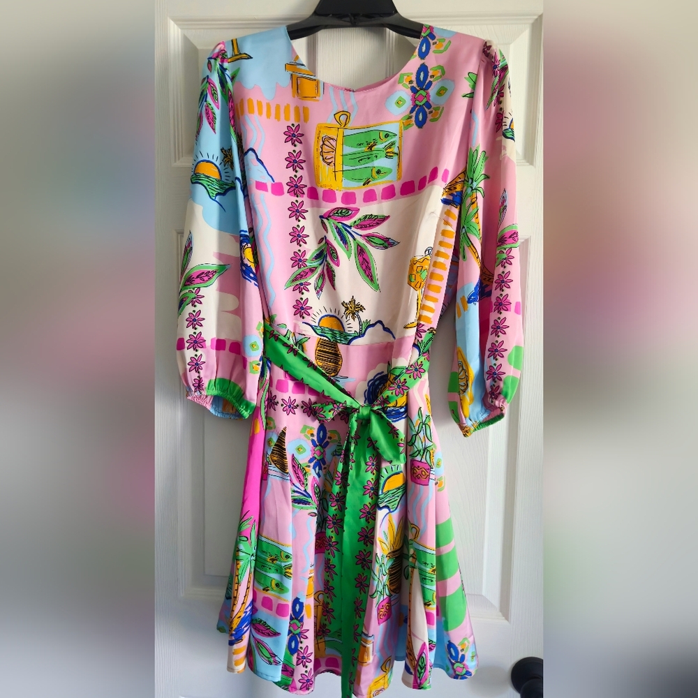 Sugarlips Curve Womens Plus 3/4 Balloon Sleeve Satin Mini Dress: Pink Tropical